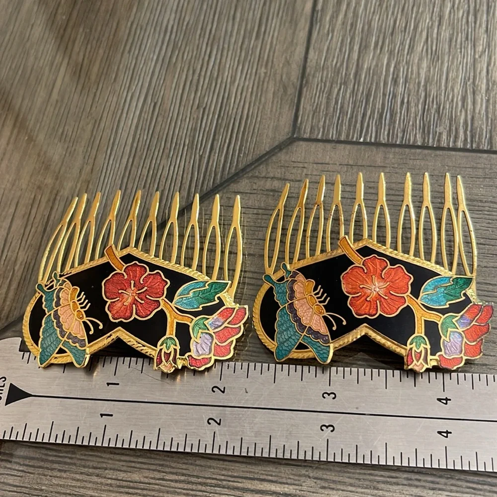 Vintage Cloisonné Butterfly Heart & Flower Hair Combs - Picture 13 of 16